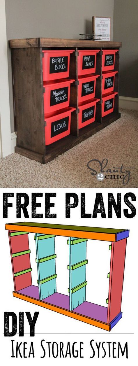 Free Plans DIY Storage Idea… LOVE this for toys or anything! Cheap and easy too! www.shanty-2-chic.com Playroom Organization, Diy Ikea, Ikea Storage, Free Plans, Toy Rooms, Ikea Diy, Ikea Hacks, Kids Playroom, Storage System