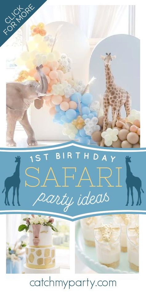 Check out this wonderful safari 1st birthday party! The giraffe birthday cake will blow you away! See more party ideas and share yours at CatchMyParty.com #catchmyparty #partyideas #safari #safarianimals #safariparty #boy1stbirthdayparty Safari 1st Birthday Party, Giraffe Birthday Cakes, Safari First Birthday, Birthday Concept, Safari 1st Birthday, Boho Safari, Cookie Party Favors, Birthday Boho, Giraffe Birthday