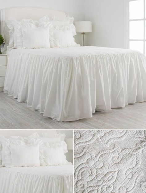 Gathered Ruffled Bedspread 3 Piece Set. I love this vintage look. Now if it wouldn't get dirty. White Bedspreads, Bedroom Linens, Country Bedrooms, Dream Master, Chic Bedrooms, French Country Bedrooms, Lee County, House Pictures, Shabby Chic Bedding