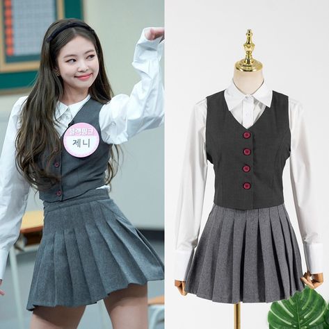 Jennie School Uniform, Jennie School, Rose Mary, High Waist Pleated Skirt, Mini Pleated Skirt, Outfits Baggy, Dress Sets, High Waisted Pleated Skirt, White Long Sleeve Blouse