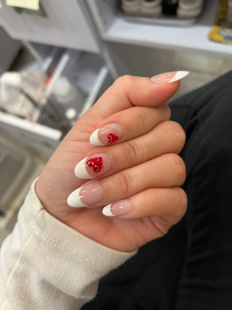 Comme Des Garcons Nails Almond, Converse Heart Nails French Tips, Cdg French Tip Nails, Cdg Heart Nails French Tip, Nail Ideas Heart With Eyes, Nails Converse Heart, Cdg Nails Short, French Tip With Heart Design, Cdg Heart Nails