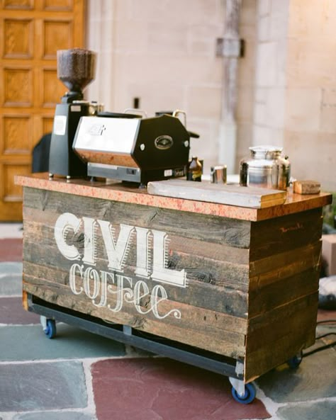 This couple's favorite coffee shop, Civil Coffee, set up a coffee cart for guests who needed a mid-reception pick-me-up. Coffee Booth, Mobile Coffee Cart, Gerobak Dorong, Diy Coffee Station, Coffee Station Kitchen, Mobile Coffee Shop, Coin Café, Coffee Trailer, Mobile Coffee