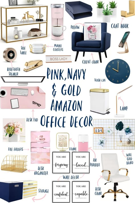 Navy And Pink Bathroom Decor, Diy Office Room Ideas, Navy Pink Office Ideas, Office Themes Work, Office Wall Art Inspiration, Work Office Asthetics, Pink Office Decor Amazon, Navy And Pink Home Office, Navy Gold Pink Office