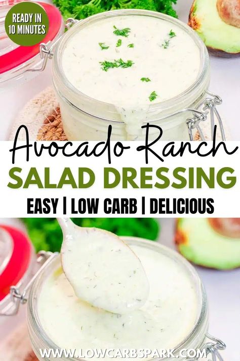 Easy Avocado Ranch Dressing, Low Carb Ranch, Keto Ranch Dressing Recipe, Avocado Ranch Dressing Recipe, Keto Dressing, Creamy Avocado Ranch Dressing, Low Carb Ranch Dressing, Ranch Dressing Dip, Avocado Recipes Easy