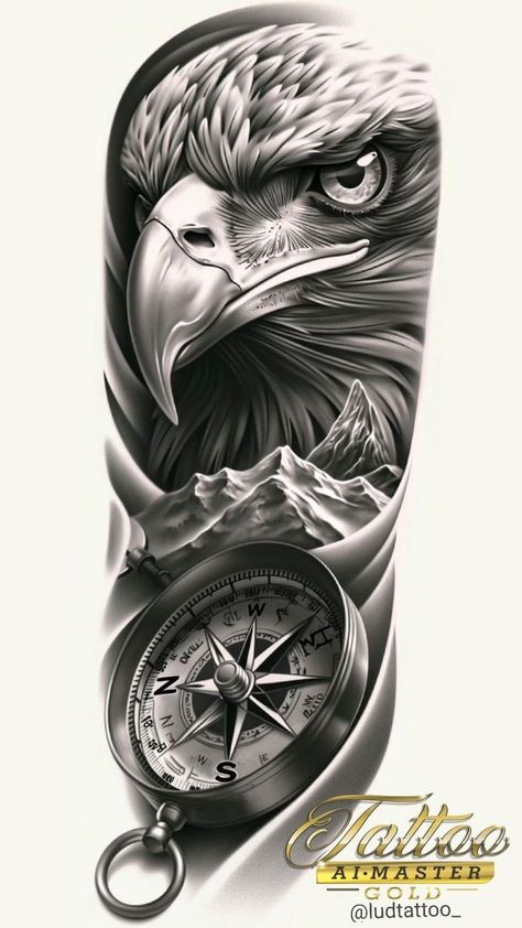 Eagle With Compass Tattoo Designs, Sara Golish Tattoo, Eagle Forearm Tattoo, Eagle Drawings, Geometric Tattoo Hand, Eagle Tattoo Design, Dragon Tattoo Arm, Realistic Tattoo Sleeve, Chicano Style Tattoo