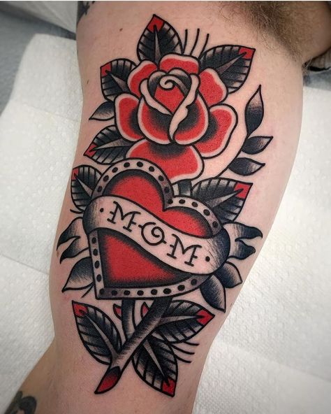 Mom Heart and Rose Family Tattoo | Tattoo Ideas and Inspiration Traditional Mom Tattoo, Rose Heart Tattoo, Traditional Heart Tattoos, Mom Heart Tattoo, Traditional Tattoo Old School, Tattoo Lettering Styles, Traditional Style Tattoo, Mom Tattoo Designs, Mom Tattoo