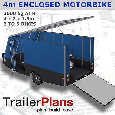 Trailer Plans - 4m ENCLOSED MOTORBIKE TRAILER - PLANS ON CD-ROM Race Car Trailer, Motorbike Trailer, Food Truck Business Plan, Tool Trailer, Cage Trailer, Trailer House, Work Trailer, Trailer Kits, Diy Camper Trailer