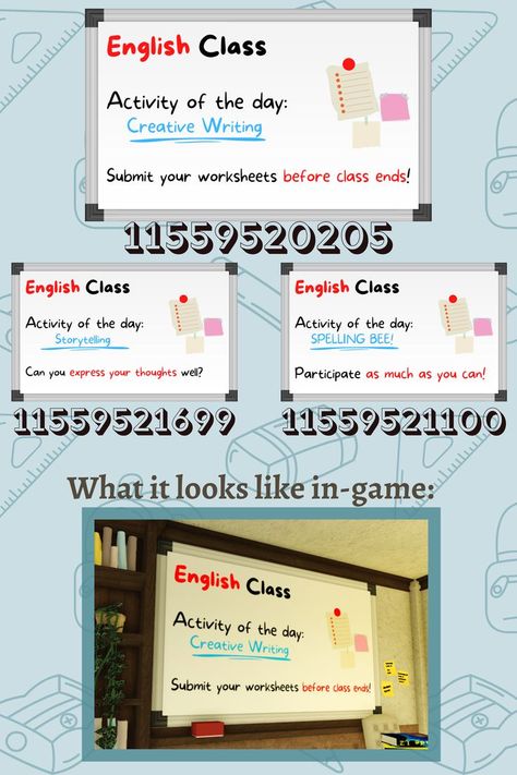 a variety of english class whiteboard decals for your bloxburg school! feel free to request! #bloxburg #bloxburgdecals #bloxburgschool #roblox #robloxbloxburg #robloxdecals #decals #robloxschool Class Whiteboard, Bloxburg School, School Floor Plan, Bloxburg Decals Codes Aesthetic, School Decal, School Building Design, Blocksburg Room Ideas￼, Coding School, Roblox Image Ids