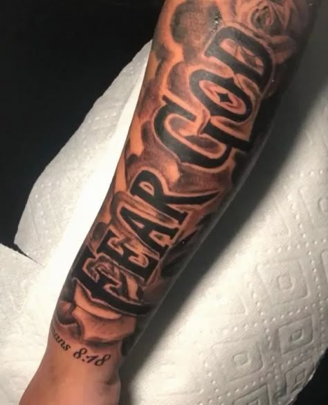 Wrist To Elbow Tattoo Sleeve Men, Cool Black Tattoos, Believe In God Tattoo, Fearless Tattoo Men, Christian Sleeve Tattoo Men, Tattoos For Black Guys, Sleeve Filler Ideas Men Arm Tattoo, Fear God Tattoo Men, Calf Sleeve Tattoo Men