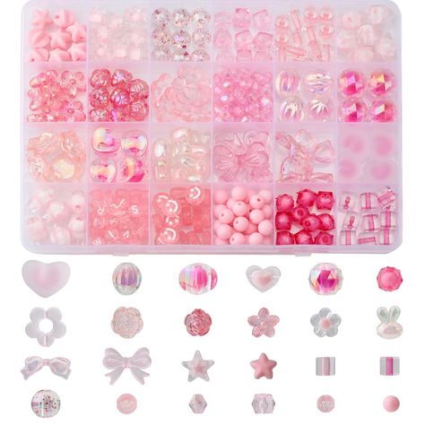 PRICES MAY VARY. Pink Assorted Beads: You will get 279 pieces of 24 adorable design assorted jewelry beads in clear and pink color, which can meet all your needs for DIY jewelry production! Multi Shape Styles: These clear pink assorted jewelry beads include various shape styles, such as different flower beads, smile face beads, love heart beads, pentagram beads, rabbit beads, polyhedron beads, bowknot beads, shell beads, cylinder beads, alphabet beads and more. Multi styles and sizes can fulfill Cute Beads For Bracelets, Disc Beads Bracelets, Cutecore Stuff On Amazon, Bead Shapes, Cute Beads, Beads Kit, Diy Kandi Bracelets, Beads For Bracelets, Bracelet Materials