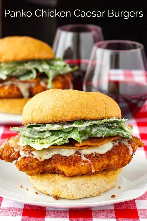 Panko Chicken Caesar Burgers. Easy crispy fried panko chicken breasts make the ideal tender and juicy base for these tasty fast-food alternative chicken burgers. Use your own favourite caesar salad dressing or try our homemade recipe. #chickenburger #lowfatchickenburger #chickensandwich #takeoutrecipes #copycatrecipes Breaded Chicken Burger Recipe, Burgers In Oven, Sick Recipes, Handheld Meals, Oven Burgers, Baked Burgers, Panko Chicken, Caesar Chicken, Chicken Burgers Recipe