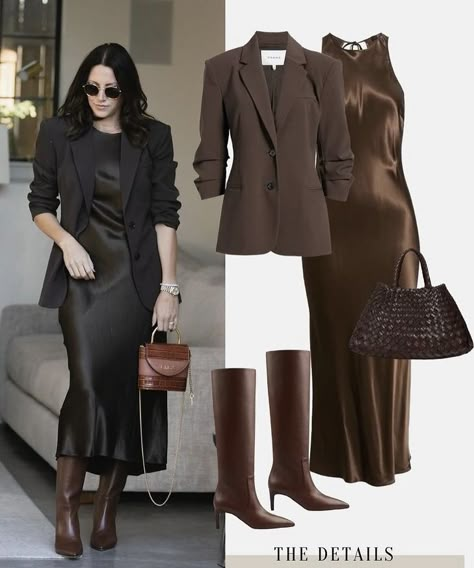 Brown Satin Skirt, Color Combos Outfit, Classy Winter Outfits, Timeless Outfits, Office Outfits Women, Dress Design Sketches, Brown Satin, Brown Outfit, Autumn Fashion Casual