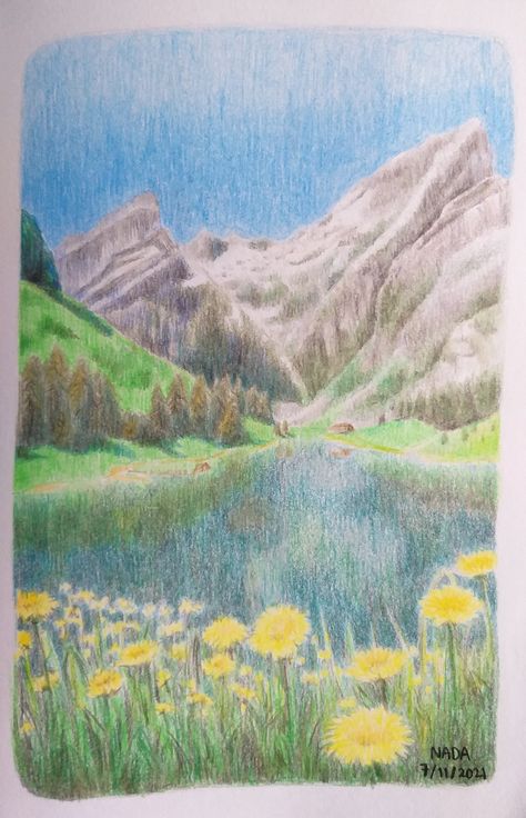 Landscape Sketch Color Pencil, Colored Pencil Mountain Landscape, Nature Art Color Pencil, Mountains Drawing Color, Mountain Drawing Colored Pencil, How To Draw Water With Colored Pencil, Colored Pencil Mountains, Colored Pencil Water Drawing, Landscape Drawing Colored Pencil