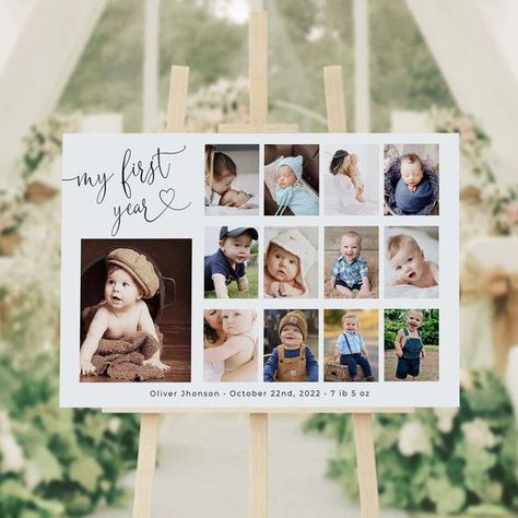 Horizontal Baby's First Year Poster, 1st Birthday, First Year Print, 1st Year Photo Collage Months, Milestone Photo Sign Editable Template First Year Picture Display, First Year Photo Display, First Birthday Photo Collage, Collage Gift Ideas, Baby Photo Collages, Baby Handprint Art, Collage Graduation, Birthday Photo Album, Year Board