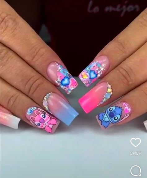 Stitch And Angel Nails, Nails Designs Halloween, Disney Gel Nails, Stitch Nails, Beach Nails Art, Nail Art Designs Short, Disneyland Nails, Disney Inspired Nails, Disney Acrylic Nails