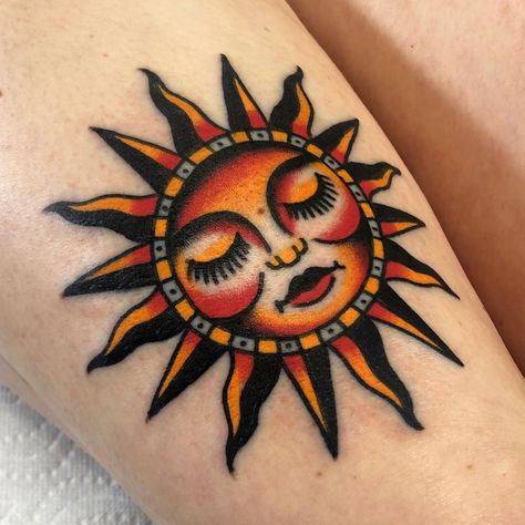 Traditional Sun Tattoo, Sunshine Tattoo, Traditional Tattoo Inspiration, Sun Tattoo Designs, Horoscope Tattoos, Traditional Style Tattoo, Tattoo Filler, Traditional Tattoo Sleeve, Elbow Tattoos