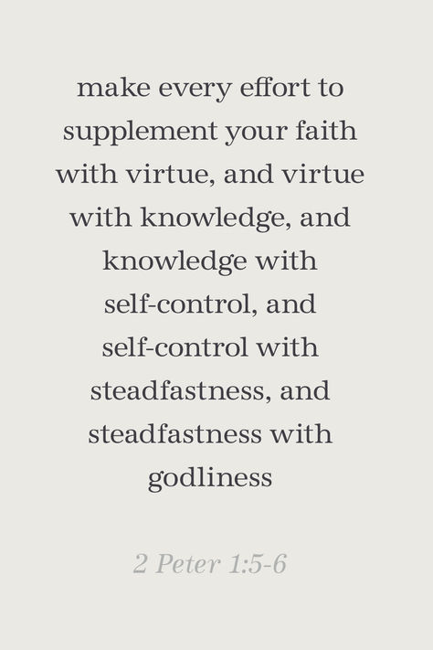 "make every effort to supplement your faith with virtue, and virtue with knowledge, and knowledge with self-control, and self-control with steadfastness, and steadfastness with godliness" 2 Peter 1:5-6 Virtue Quotes, Dread Head, 2 Peter, Clay Art Projects, Self Control, Quotes About Strength, Cute Quotes, Bible Quotes, Quotes To Live By