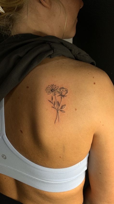 Rose Tattoo Danty, Flower Tattoo On Back Of Shoulder, Cute Elegant Tattoos, 2 Birth Flower Tattoo, Rose And Wildflower Tattoo, Women’s Simple Forearm Tattoo, Rare Script Tattoo, Good Tattoo Placement For Women, Rose And Daisy Bouquet Tattoo