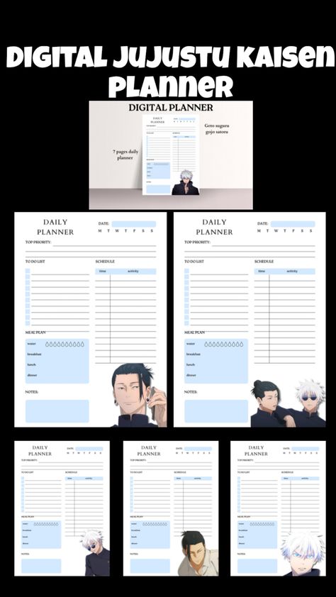 Minimalistic, white and blue, images of charecters Anime Planner, Anime Schedule, Schedule Your Day, Satoru And Suguru, Digital Daily Planner, Meal Planners, Daily Page, Weekly Schedule, Time Activities