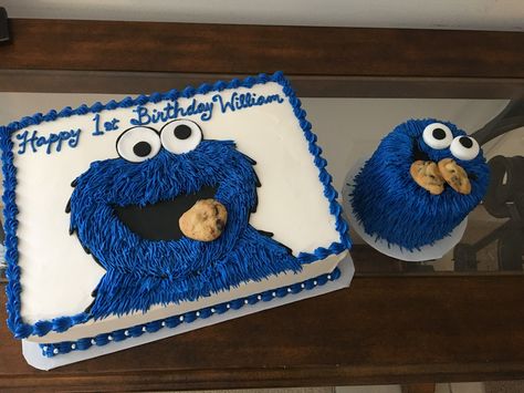 Cookie Monster Sheet Cake, Cookie Monster Smash Cake, Cookie Monster 1st Birthday Cake, Birthday Kek, Cookie Monster Cakes, Cookie Monster 1st Birthday, Monster Smash Cakes, Monster Balloons, Cookie Monster Birthday Party