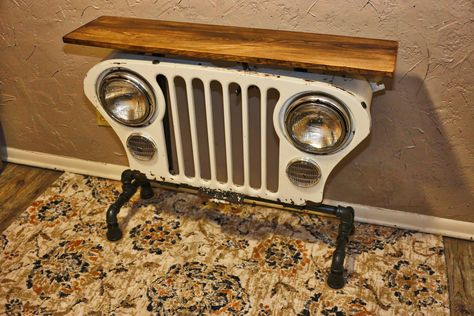 Jeep Grill Table, Jeep Grill Furniture, Jeep Grill Decor, Jeep Grill Wall Art, Jeep Furniture, Jeep Wrangler Grill, Grill Wall, Drum Seat, Diy Jeep