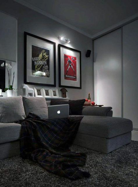 Mens Bachelor Pad Living Room With Grey Color Scheme #livingroomapartment Bachelor Pad Living Room Ideas, Living Room Ideas For Men, Mens Living Room, Bachelor Pad Living Room, Bachelor Pad Decor, Masculine Living Rooms, Mens Bedroom Decor, Apartment Living Room Design, Small Apartment Living Room