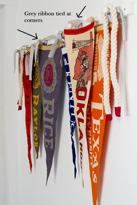 Use Vintage Pendants to make a Valance from @Thistlewood Farm Vintage Pennants, College Pennants, Sport Bedroom, Thistlewood Farms, Sports Flags, Big Boy Bedrooms, Painted Cottage, Sports Room, Boy Bedroom