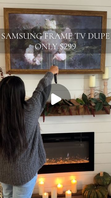 Home Coop Garden | Susana Zaldivar on Instagram: "Want to re-create this TV frame? Comment the word link and I’ll send you all the links to the products I used for this project and the link for this TV." Mantle With Tv Above, Pictures Around Tv On Wall, Pictures Around Tv, Frame Tv Over Fireplace, Mantle With Tv, Tv Above Fireplace, Tv Over Fireplace, The Frame Tv, Tv Frame