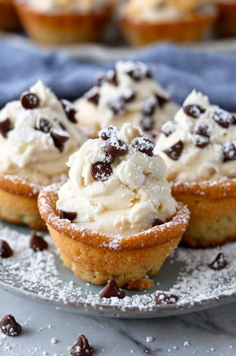 Irresistible Cannoli Cookie Cups: Crisp sugar cookie shells filled with creamy ricotta and chocolate chips. Perfect mini dessert for any occasion! #Cannoli #CookieCups #Dessert #Baking #ItalianSweets Cannoli Chocolate Chip Cookie Cups, Canola Cookies, Dessert Shells Recipes, Cannoli Cups Mini, Cannoli Shells Easy, Healthy Italian Desserts, Cannoli Frosting Recipe, Canoli Cups Easy, Cannoli Dessert Ideas