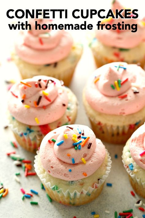 Confetti Cupcakes with Homemade Strawberry Buttercream Frosting | Six Sisters' Stuff These moist, fluffy, delicious, and FUN Confetti Cupcakes with homemade Strawberry Buttercream Frosting are made using a cake mix and a few key ingredients! Also sharing my secret ingredient to flavoring homemade frosting. #cupcakes Homemade Funfetti Cupcakes, Funfetti Sprinkles, Cake Batter Dip, Sprinkles Cupcakes, Strawberry Buttercream Frosting, Confetti Cupcakes, Funfetti Cupcakes, Peanut Butter Bread, Sprinkles Recipe