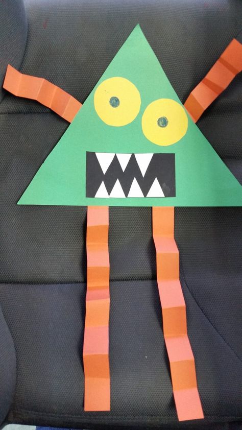 Spooktacular Fun: How to Make a Halloween Shape Monster Craft - Kids Play and Create Triangle Halloween Crafts Preschool, Create A Monster Craft, Halloween Shape Activities, Halloween Shapes Preschool, Shape Monster Craft, Shape Monster, Prek Art, Monster Shapes, Instrument Craft