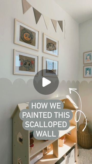 HAILEY DEVINE on Instagram: "How we painted this scalloped wall for our little Playroom! 💫" How To Do A Scalloped Wall, Half Painted Wall Playroom, Paint Scallop Wall, Curved Painted Wall, Scalloped Half Wall Paint, Playroom Wall Decal Ideas, Playroom Wall Colors Painting, How To Paint Scalloped Wall, Scallop Wall Paint