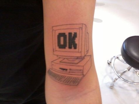 Computer tattoo Radiohead Tattoo Ok Computer, Old Computer Tattoo, Ok Computer Tattoo, Childish Gambino Tattoo, Internet Tattoo, Computer Tattoo, Radiohead Tattoo, Dream Piercings, Nova Tattoo