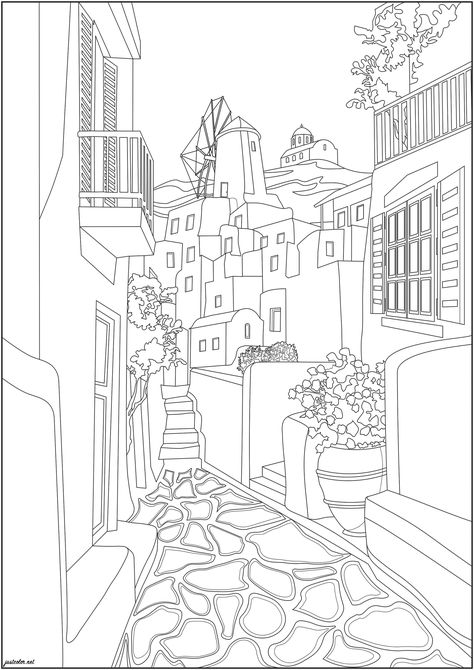 Pretty street in a typical Portuguese town - JustColor.net : Free printable coloring pages for adults and kids Greece Coloring Pages, Around The World Coloring Pages, Houses Coloring Pages, Missions Conference, Ancient Greece Mythology, Greek Buildings, House Doodle, Printable Coloring Pages For Adults, Egypt Hieroglyphics