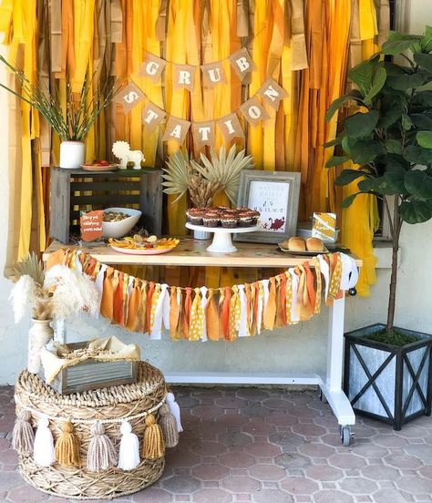 Kara's Party Ideas Boho Lion King Birthday Party | Kara's Party Ideas Lion Cupcakes, Lion King Birthday Party Ideas, Party Food Table, Lion King Poster, Lion Party, Diy Fringe, Goodbye Party, Lion King Party, Fall Party Decorations