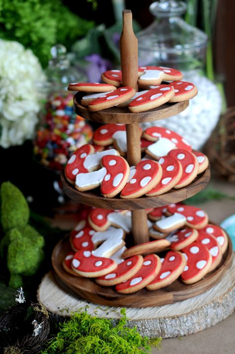 Red Mushroom Cookies.  Fairy birthday party. Mushrooms Birthday Party, Mushroom Forest Theme Party, Mushroom Fairy First Birthday, Mushroom Birthday Cake Ideas, Mushroom Birthday Cake Simple, Cottagecore Prom Theme, Frog And Mushroom Themed Birthday Party, Enchanted Forest Theme Cookies, Toadstool First Birthday