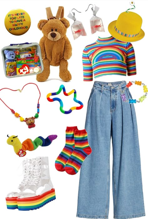 Aesthetic Clown Outfits, Clown Core Outfit Ideas, Y2k Kidcore Outfits, Rainbow Inspired Outfits, Dreamcore Outfit Aesthetic, Toddlercore Fashion, Yellow Goth Outfit, Dream Core Clothes, Glitch Core Outfits