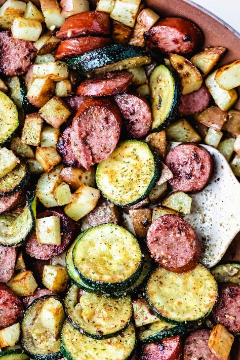 Kielbasa Skillet Dinner, Kielbasa And Zucchini, Skillet Kielbasa, Zucchini And Potatoes, Andouille Sausage Recipes, Budget Friendly Dinner Recipes, Feingold Diet, Kielbasa And Potatoes, Skillet Dinner Recipes