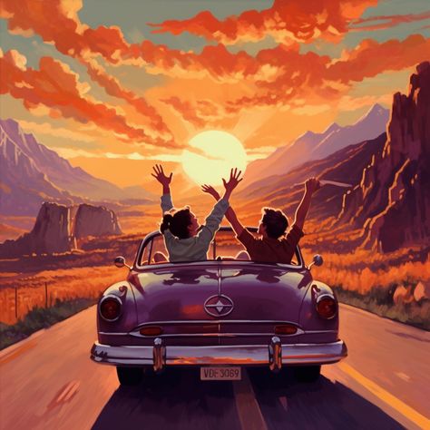 Road Trip Playlist Cover, Friends In A Car Drawing, Road Trip Drawing, Road Trip Painting, People Driving Car Drawing, Driving Cartoon, Car On Road Drawing, Road Trip Illustration, Road Trip Graphic