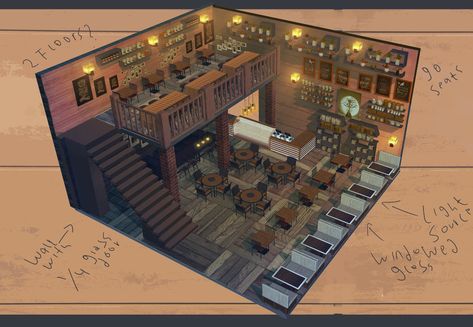 ArtStation - Coffee Shop - Interior Concept Art (Stage Design) Messy Writing, Interior Design Minecraft, Design Coffee Shop, Minecraft Shops, Interior Concept Art, Restaurant Layout, Pub Interior, Minecraft Interior Design, Coffee Shop Interior Design