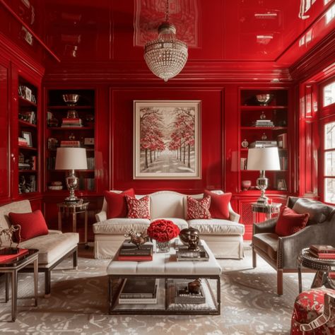 1980 Living Room, Red Living Room Ideas, Red Living Room, Red Dining Room, Parisian Decor, Red Armchair, Dining Room Curtains, Home Improvement Outdoor, Living Room Red