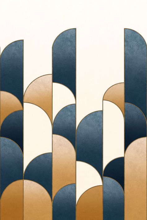 Elegant arched shapes inspired by the glamour of the Art Deco era. Shown here in the navy colourway with opulent gold metallic details. Please note this mural is supplied as 4 lengths each 50cm in width. Once installed the mural will cover 6 square metres. Samples are unavailable for this design. Art Deco Arches, Art Deco Arch, Art Deco Ideas, Art Deco Color, Walter Crane, Bead Inspiration, Deco Wallpaper, Art Deco Inspiration, Motif Art Deco