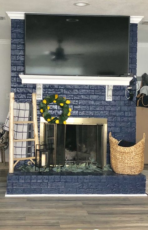 Painting Brick Fireplace Navy Blue, Royal Blue Fireplace, Blue Fireplace Wall, Dark Blue Fireplace, Navy Blue Fireplace, Navy Fireplace, 2023 Fireplace, Painted Fireplaces, Blue Fireplace