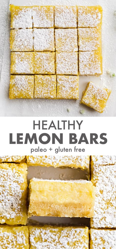 The best healthy lemon bars made with an almond flour crust and sweetened with maple syrup. Healthy Lemon Bars, Paleo Lemon Bars, Gluten Free Lemon Bars, Gluten Free Dessert Recipes, Lemon Bars Recipe, Lemon Filling, Gluten Free Dessert, Paleo Sweets, Shortbread Crust