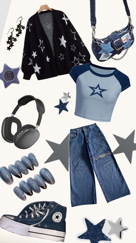 black and blue set ♡ #outfitaesthetic #blue #black #set #mollytea Navy Blue Grunge Outfit, Silver Blue Outfit, Blue Grunge Aesthetic Outfit, Black And Blue Outfits For Women, Blue Star Outfit, Blue Alt Outfits, Blue Concert Outfit Ideas, Y2k Outfits Blue, Blue Black Outfit