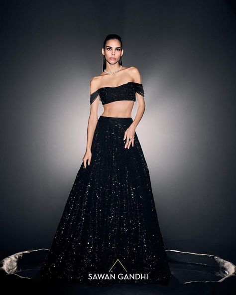 Black Sequin Lehenga, Sawan Gandhi, Lehenga Black, Off Shoulder Lehenga, Sequins Lehenga, Sequin Lehenga, Black Lehenga, Indian Look, Feminine Details