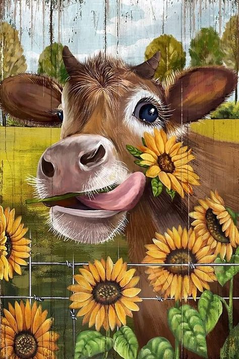 Cow Print Wallpaper, Cow Wall Art, Cow Pictures, Sunflower Wallpaper, Cow Painting, Artwork For Living Room, Sunflower Art, Cow Art, Animal Canvas