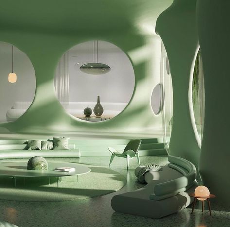 Dreamscape Architecture, Retro Interior Design, Decor Ikea, Futuristic Interior, Green Room, Retro Interior, Aesthetic Rooms, House Room, Dream Rooms