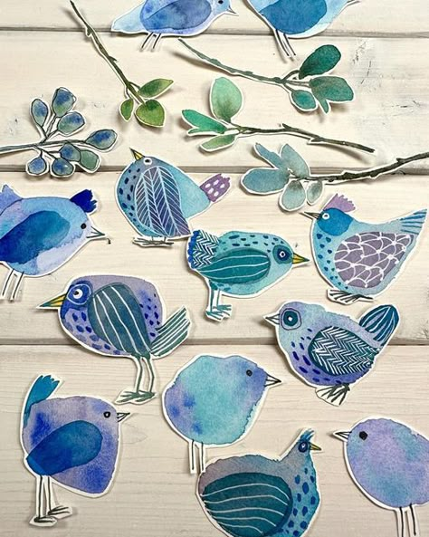 Karen Elaine on Instagram: "I’m relaxing with my watercolors painting whimsical blue birds. 🐦 
I can’t decide if I want to continue doodling on the birds or keep them simple. 
Simple or doodled; which is your favorite?

#watercolor #birds #whimsical #artformentalhealth #doodles #watercoloring #relaxing #keepitsimple" Watercolor Collage Fodder, Taskmaster Art, Fodder School, Quirky Birds, Collage Fodder, Whimsical Birds, Painting Whimsical, The Joy Of Painting, I Wan