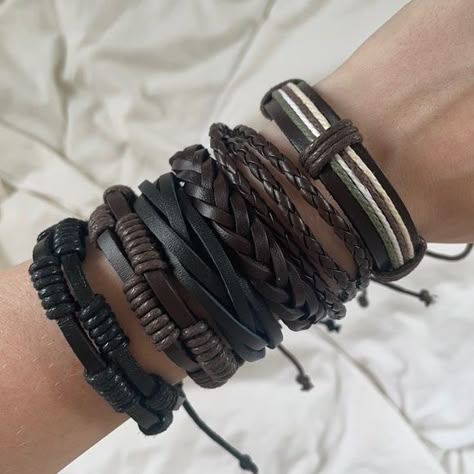 SIX Leather Bracelets Leather Bracelets Aesthetic, Men Bracelets Aesthetic, Grunge Mens Jewelry, Grunge Bracelets Aesthetic, Grunge Jewelry Bracelets, Masc Bracelets, Male Accessories Aesthetic, Masc Jewelry, Masculine Bracelets